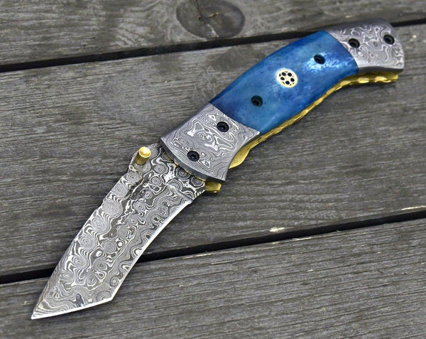 Prudence Tanto Blade Handmade Damascus Folding Pocket Knife with Bone Handle