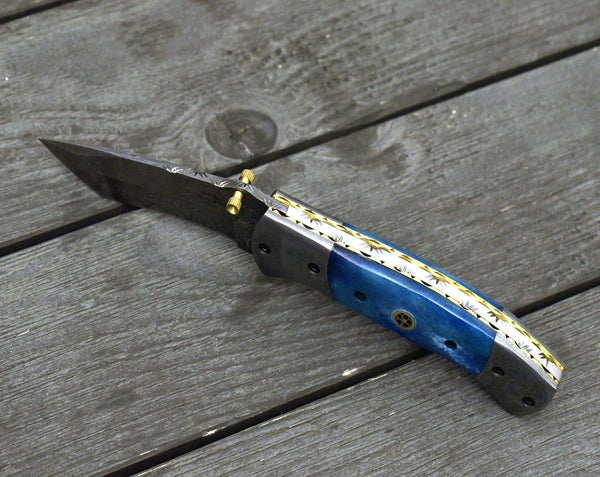 Prudence Tanto Blade Handmade Damascus Folding Pocket Knife with Bone Handle