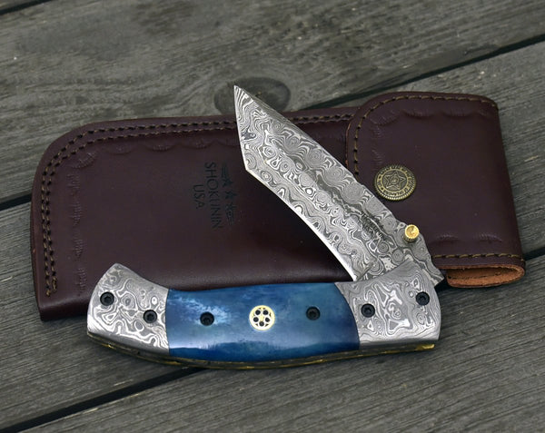 Prudence Tanto Blade Handmade Damascus Folding Pocket Knife with Bone Handle