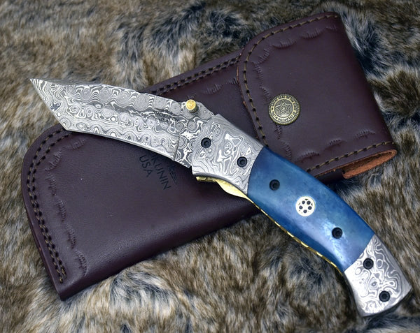 Prudence Tanto Blade Handmade Damascus Folding Pocket Knife with Bone Handle
