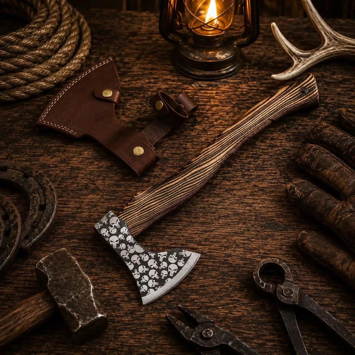 PUNISHER ETCHED HAND FORGED CARBON STEEL HANDMADE HUNTING VIKING TOMAHAWK HATCHET AXE 20”