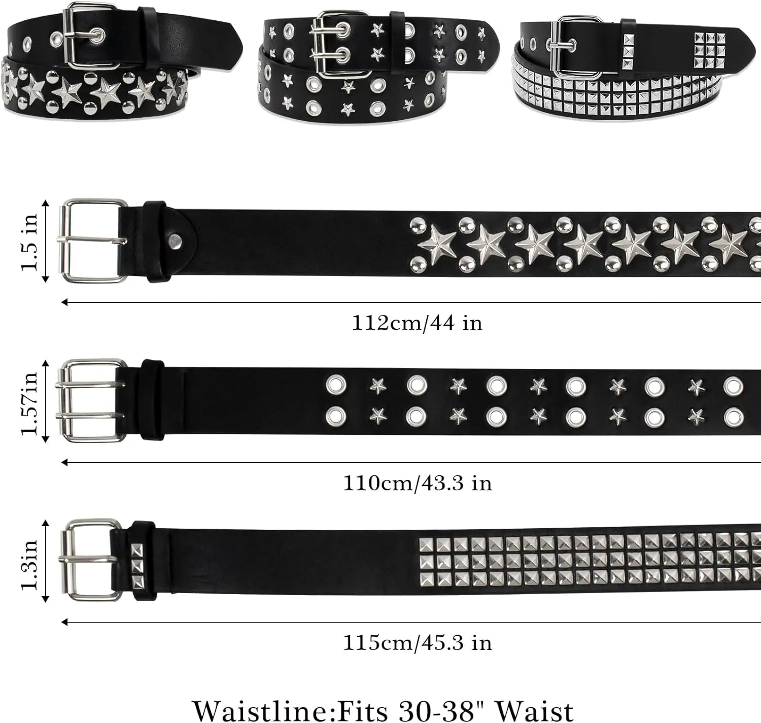 Black Studded Belt Set - 3 Pack Punk Rock Waist Belts with Pyramid Studs, Stars & Grommets