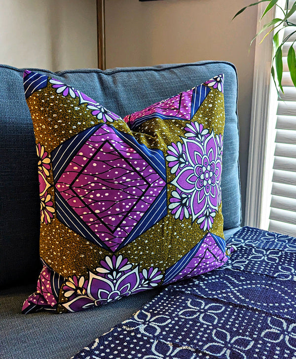 African Fabric Pillow Cover - Purple Olive Green Navy