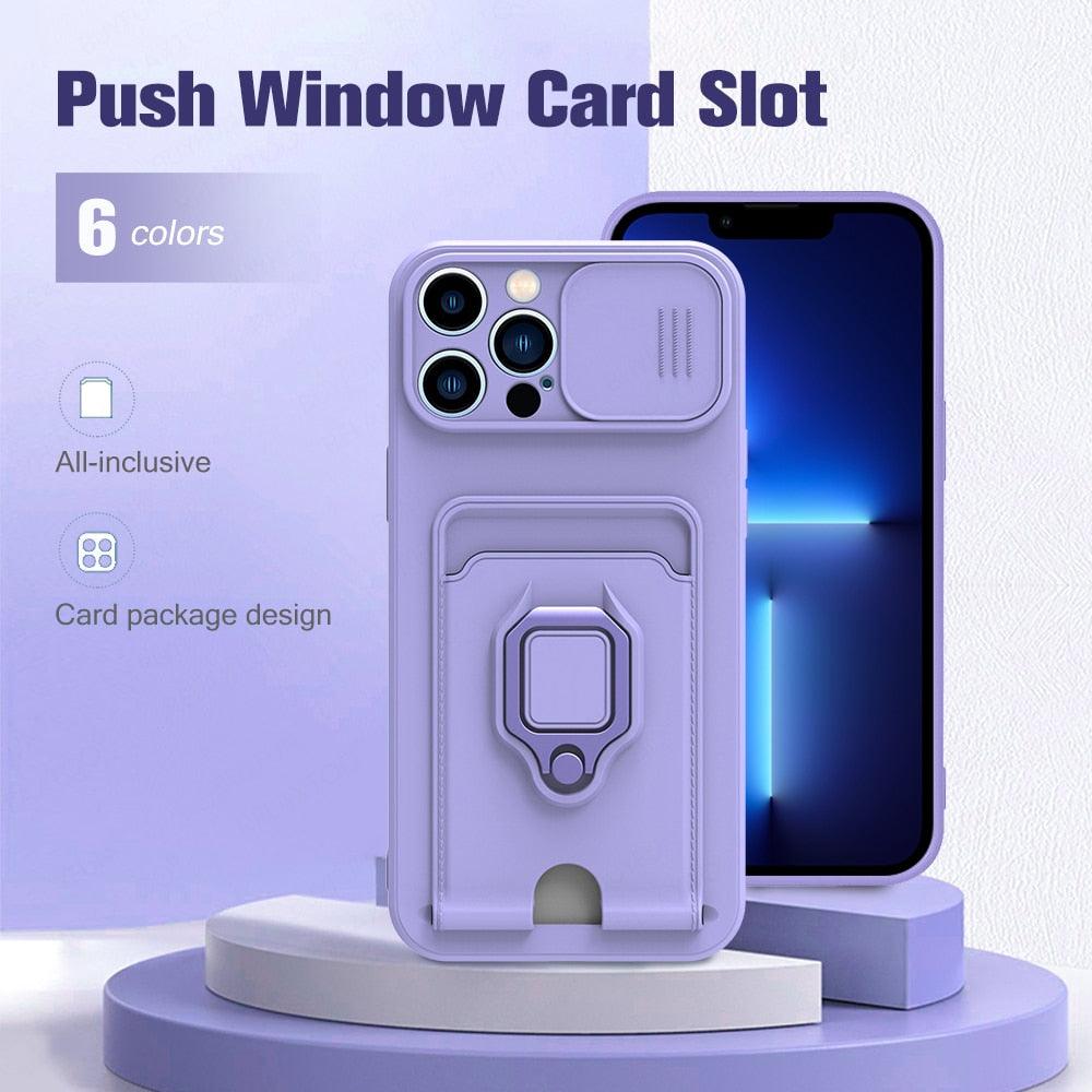 Purple Silicone Slide Camera Protector Case For iPhone 14 11 12 13 Pro Max X XR XS Magnetic Ring Card Holder Cover Heavy Duty Multifunctional Shockproof Magnetic Cover Case & Holder