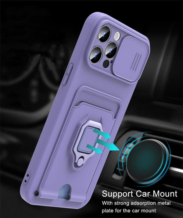Purple Silicone Slide Camera Protector Case For iPhone 14 11 12 13 Pro Max X XR XS Magnetic Ring Card Holder Cover Heavy Duty Multifunctional Shockproof Magnetic Cover Case & Holder