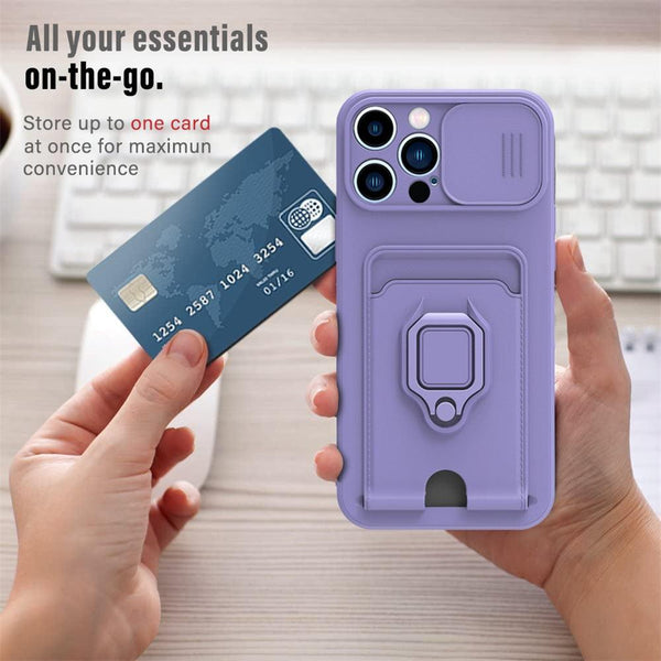 Purple Silicone Slide Camera Protector Case For iPhone 14 11 12 13 Pro Max X XR XS Magnetic Ring Card Holder Cover Heavy Duty Multifunctional Shockproof Magnetic Cover Case & Holder