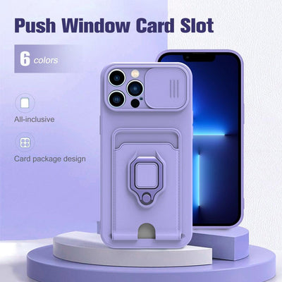 Purple Silicone Slide Camera Protector Case For iPhone 14 11 12 13 Pro Max X XR XS Magnetic Ring Card Holder Cover Heavy Duty Multifunctional Shockproof Magnetic Cover Case & Holder