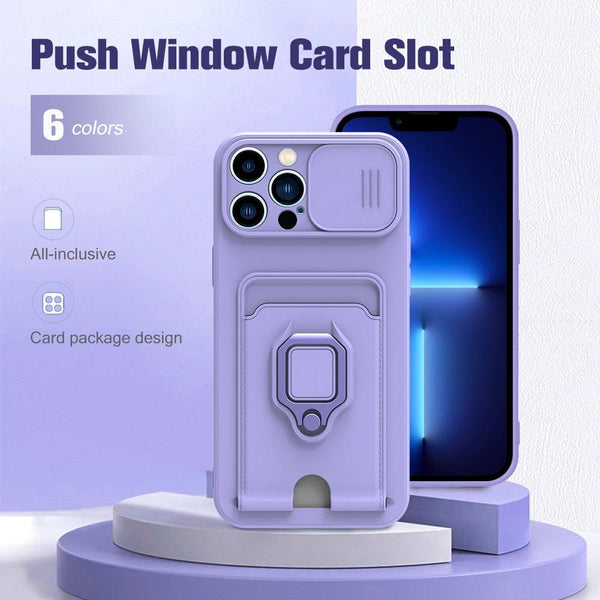 Purple Silicone Slide Camera Protector Case For iPhone 14 11 12 13 Pro Max X XR XS Magnetic Ring Card Holder Cover Heavy Duty Multifunctional Shockproof Magnetic Cover Case & Holder