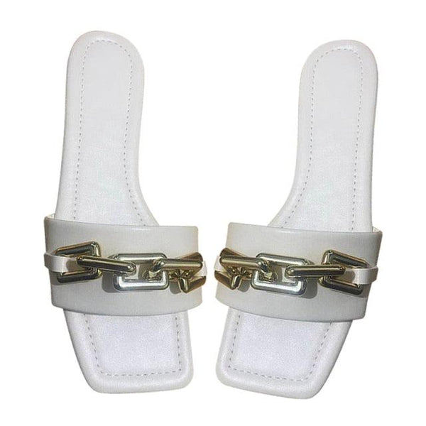 Purple Women's Slippers Summer Gold Chain Luxury Square Head Flat Heel Outdoor Beach Women Slides Sandals Leather Flat Sandals  Strap Slides With Chain Open Toe Summer Slippers