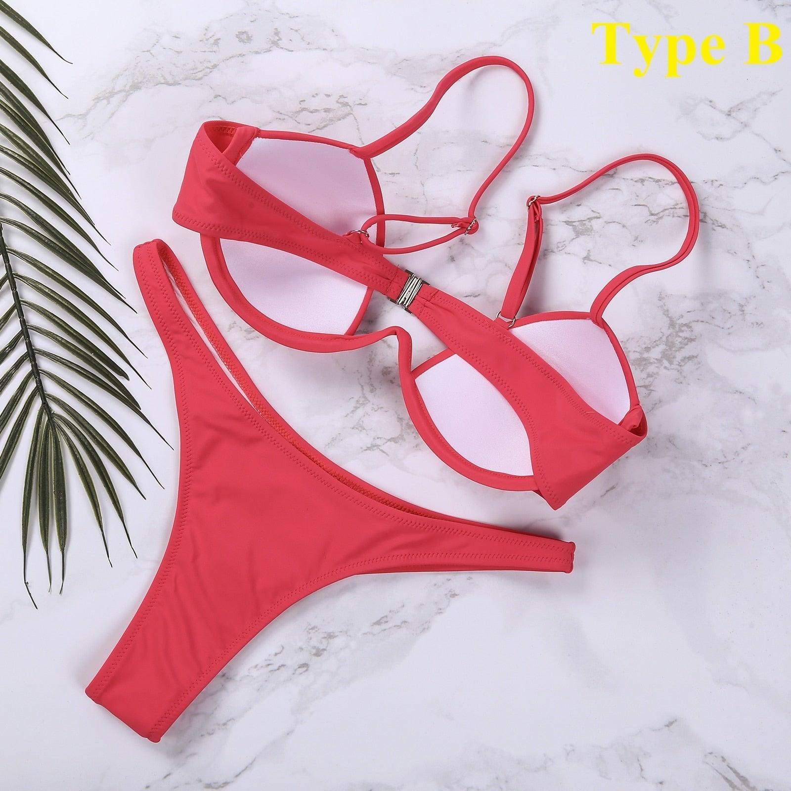 Push Up Unpadded Bikini Set Women 4 Colors Bandage Bikini Set Swimsuit Thong Bottom Swimwear Two Pieces Plain Bikini Bathing Suit Swimwear Bathing