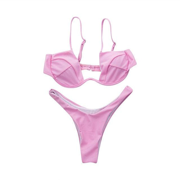 Push Up Unpadded Bikini Set Women 4 Colors Bandage Bikini Set Swimsuit Thong Bottom Swimwear Two Pieces Plain Bikini Bathing Suit Swimwear Bathing