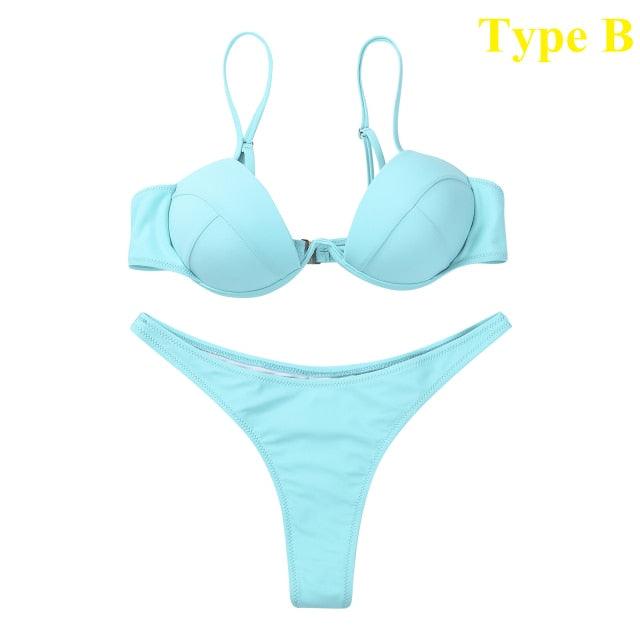 Push Up Unpadded Bikini Set Women 4 Colors Bandage Bikini Set Swimsuit Thong Bottom Swimwear Two Pieces Plain Bikini Bathing Suit Swimwear Bathing