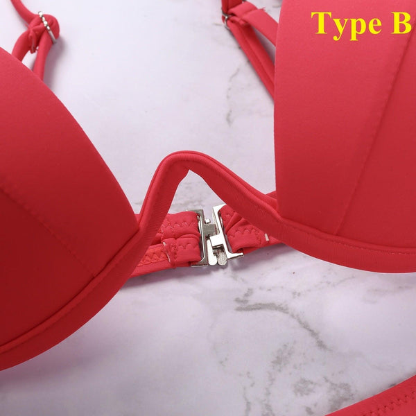 Push Up Unpadded Bikini Set Women 4 Colors Bandage Bikini Set Swimsuit Thong Bottom Swimwear Two Pieces Plain Bikini Bathing Suit Swimwear Bathing