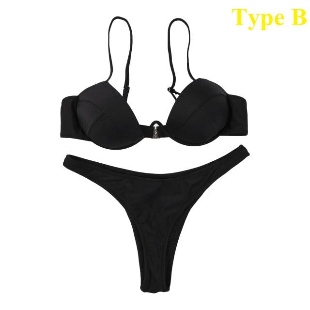 Push Up Unpadded Bikini Set Women 4 Colors Bandage Bikini Set Swimsuit Thong Bottom Swimwear Two Pieces Plain Bikini Bathing Suit Swimwear Bathing