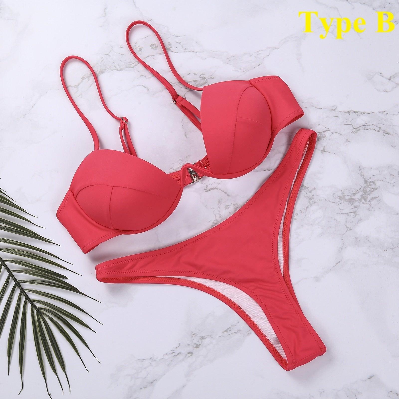 Push Up Unpadded Bikini Set Women 4 Colors Bandage Bikini Set Swimsuit Thong Bottom Swimwear Two Pieces Plain Bikini Bathing Suit Swimwear Bathing