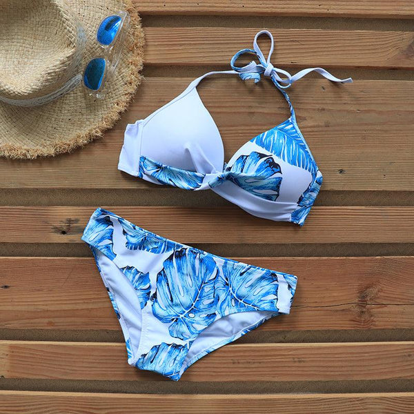 Push Up Women Bikinis Swimwear  Women's Bathing Suits Push Up Halter Bandage Bikini Floral Printing Swim Bottoms Two Piece Swimsuits Women Swimsuits Bathing Suit Halter  Leaf Print Beach Wear Plus Size