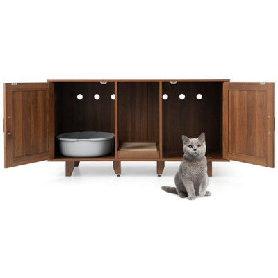 Patented 2-Door Cat Litter Box Enclosure with Winding Entry and Scratching Board-Brown