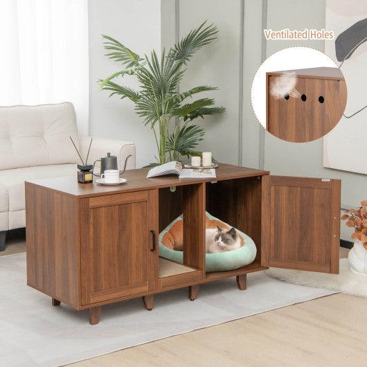 Patented 2-Door Cat Litter Box Enclosure with Winding Entry and Scratching Board-Brown