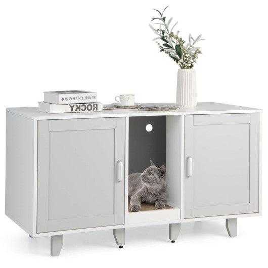 Patented 2-Door Cat Litter Box Enclosure with Winding Entry and Scratching Board-Gray