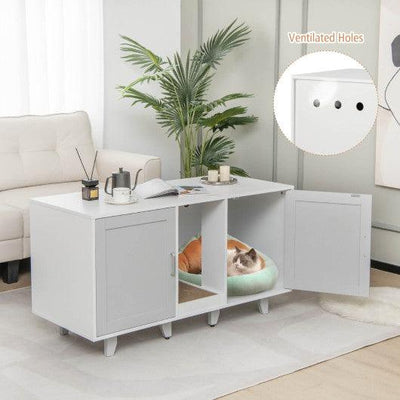 Patented 2-Door Cat Litter Box Enclosure with Winding Entry and Scratching Board-Gray