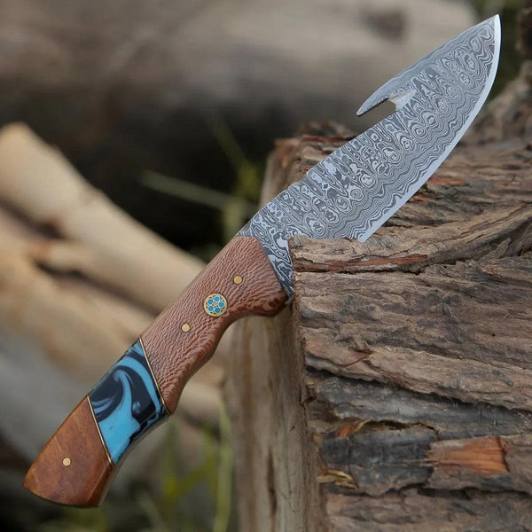 Python Damascus Gut Hook Knife with Exotic Leopard Wood & Turquoise Handle - Gifts for You 'n Me