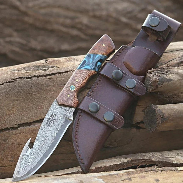 Python Damascus Gut Hook Knife with Exotic Leopard Wood & Turquoise Handle - Gifts for You 'n Me