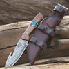 Python Damascus Gut Hook Knife with Exotic Leopard Wood & Turquoise Handle