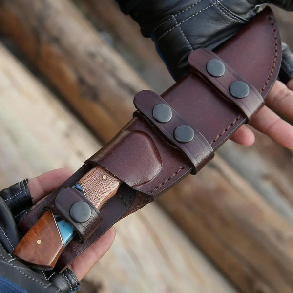 Python Damascus Gut Hook Knife with Exotic Leopard Wood & Turquoise Handle - Gifts for You 'n Me