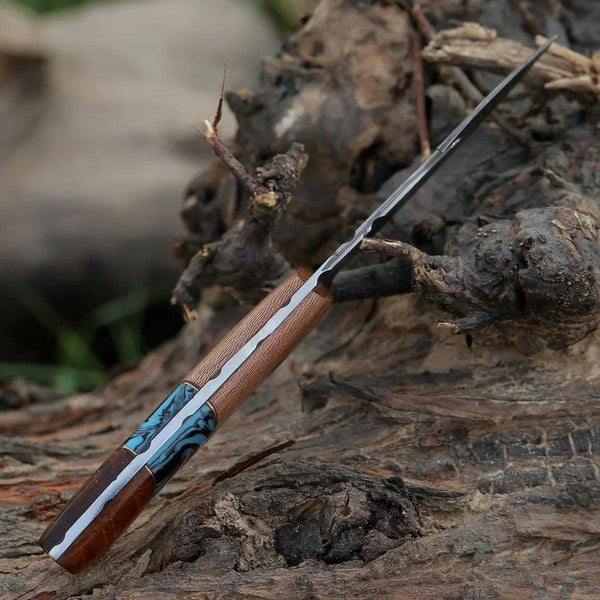 Python Damascus Gut Hook Knife with Exotic Leopard Wood & Turquoise Handle - Gifts for You 'n Me