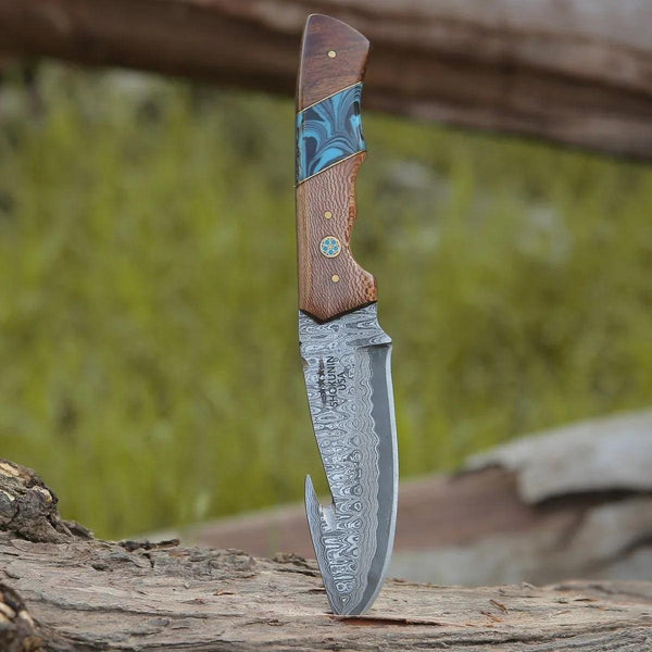 Python Damascus Gut Hook Knife with Exotic Leopard Wood & Turquoise Handle - Gifts for You 'n Me