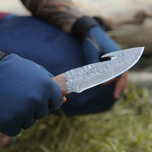 Python Damascus Gut Hook Knife with Exotic Leopard Wood & Turquoise Handle - Gifts for You 'n Me