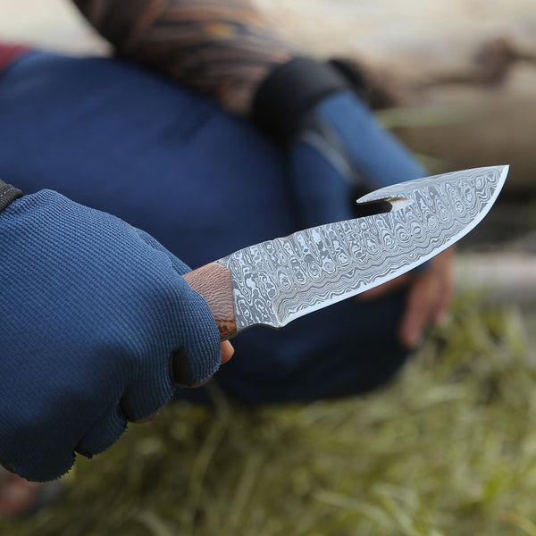 Python Damascus Gut Hook Knife with Exotic Leopard Wood & Turquoise Handle