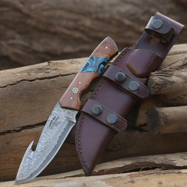 Python Damascus Gut Hook Knife with Exotic Leopard Wood & Turquoise Handle - Gifts for You 'n Me