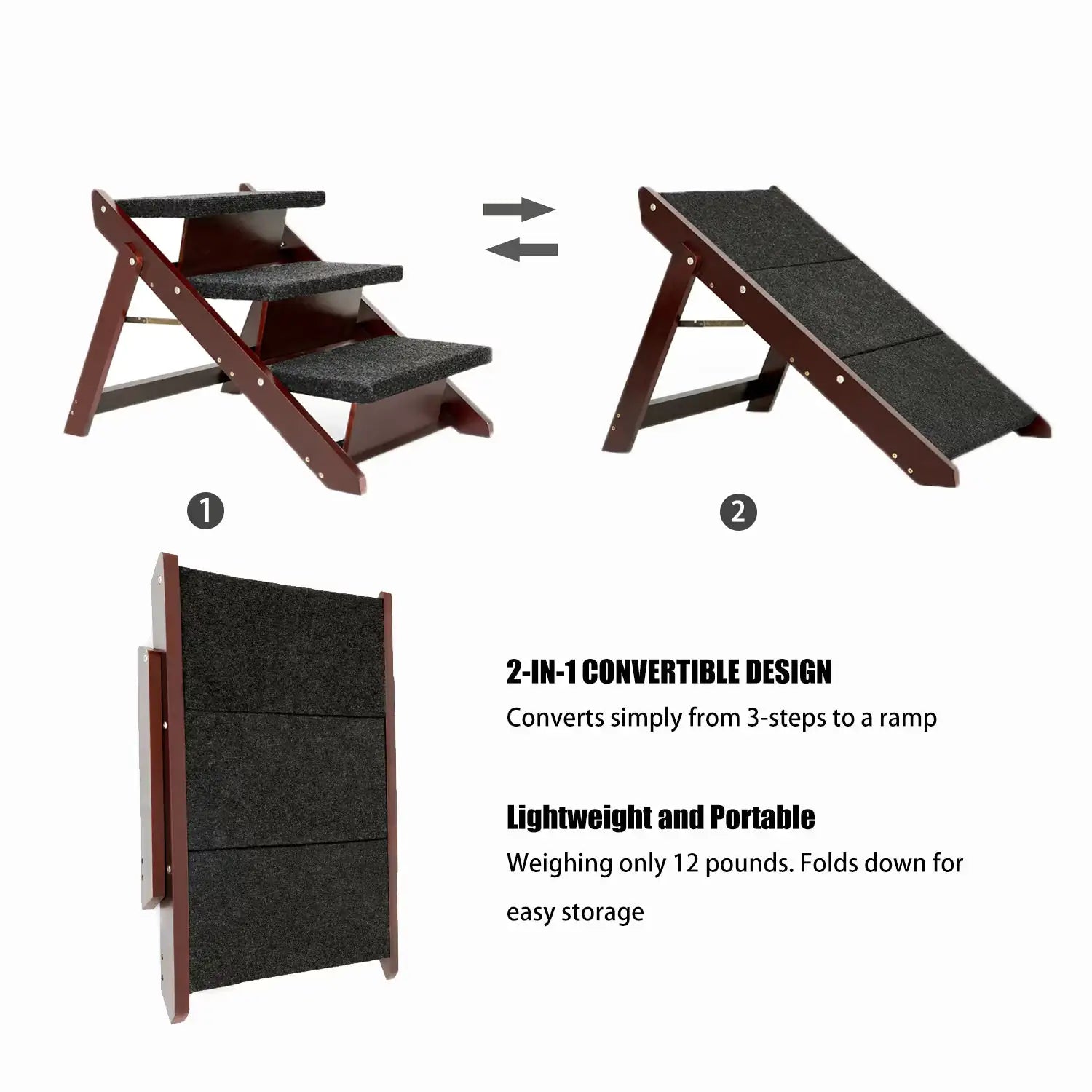 3-Tier Wood Pet Steps & Ramp - Foldable and Portable Ameraeon