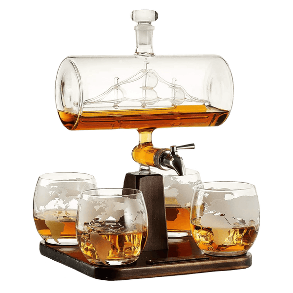Whiskey & Wine Decanter Gifts for Men & Dad, Ship Decanter 1000ml, Set with 4 Globe Drinking Glasses - Cool Liquor Dispenser for Home Bar Unique Birthday Gift Ideas from Wife, Daughter, Son Present