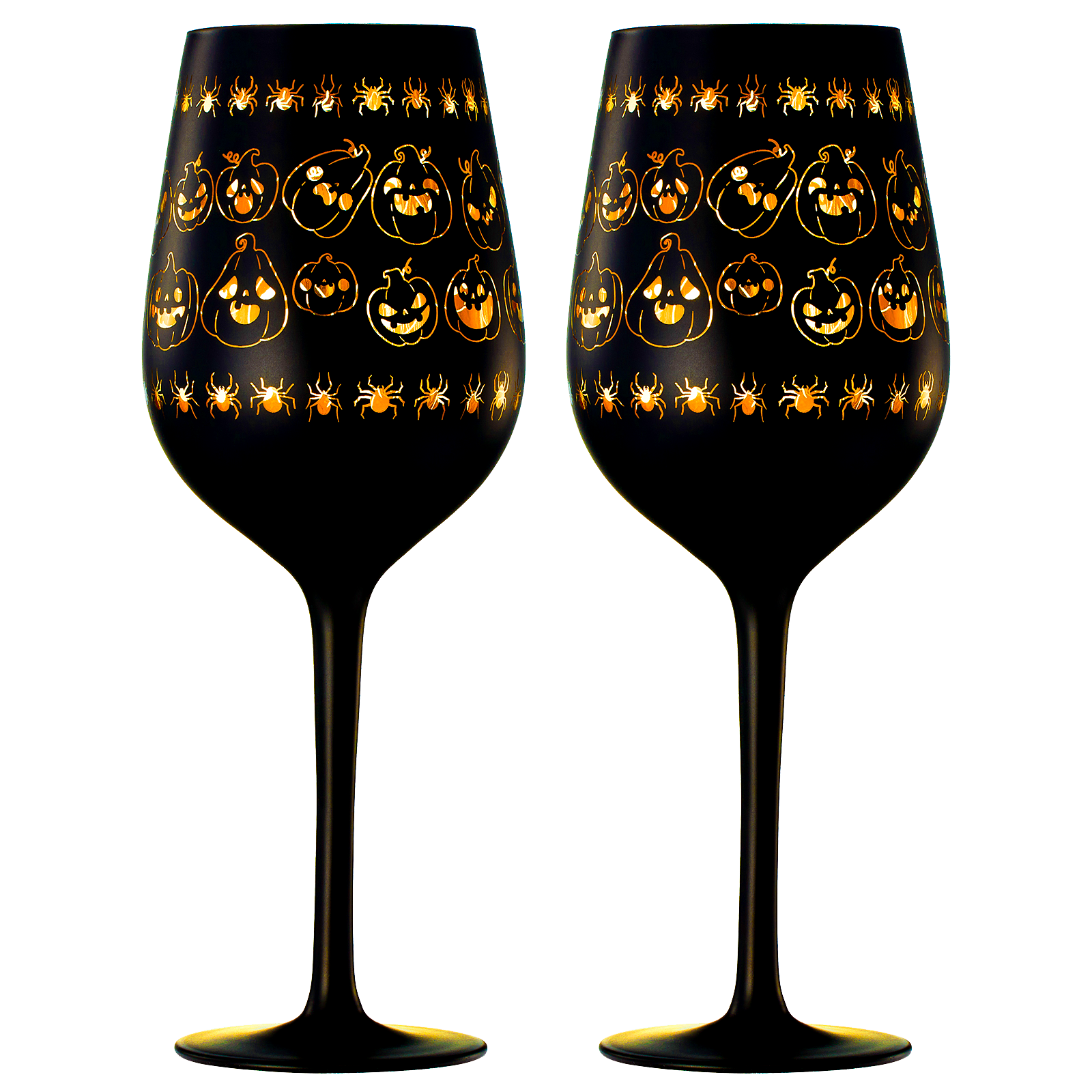 Crystal Halloween Stemmed Wine Glasses - Set of 2 - Pumpkin Themed Vibrant Black & Gold Spooky Ghost Pattern Frosted Glass, Perfect for Themed Gothic Parties Trick Or Treat Gifts for Him Her (14 OZ)