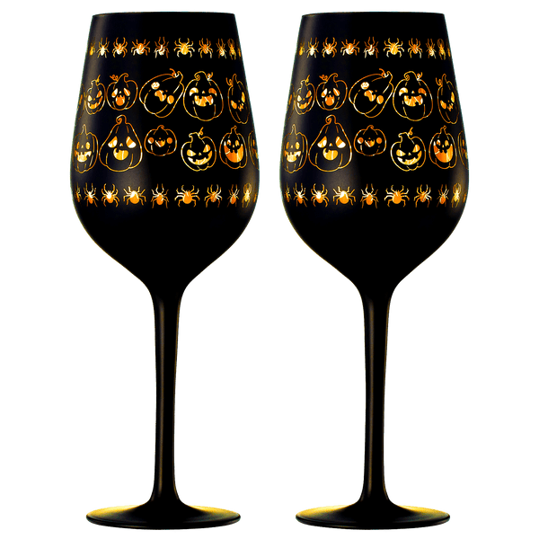 Crystal Halloween Stemmed Wine Glasses - Set of 2 - Pumpkin Themed Vibrant Black & Gold Spooky Ghost Pattern Frosted Glass, Perfect for Themed Gothic Parties Trick Or Treat Gifts for Him Her (14 OZ)