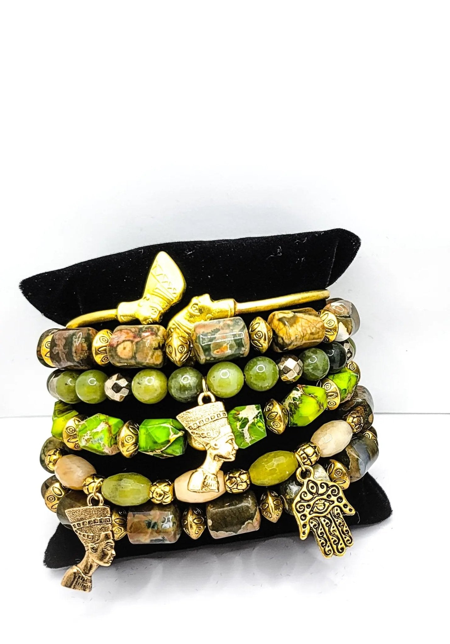 Queen Nefertiti Natural Green Sea Sediment Jasper Bracelet set