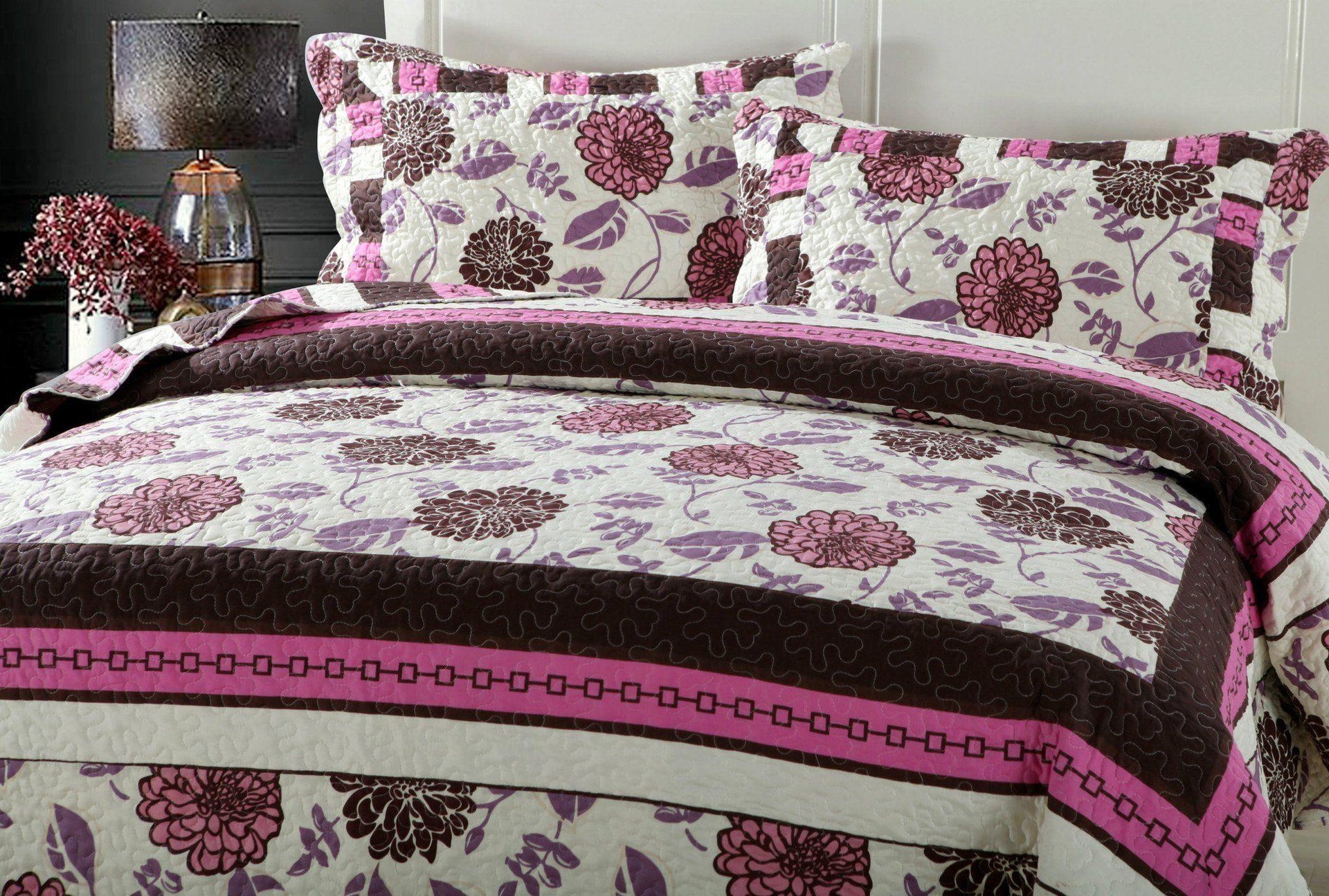 DaDa Bedding Bohemian Purple Blooms Floral Garden Pink Brown Bedspread Set (KBJ1629)