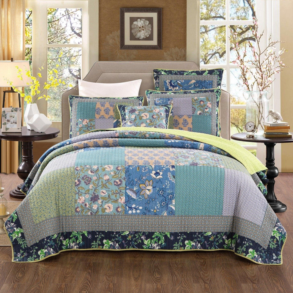 Tache Cotton Bohemian Tropical Calla Lily Quilted Patchwork Bedspread Set (JHW-687)