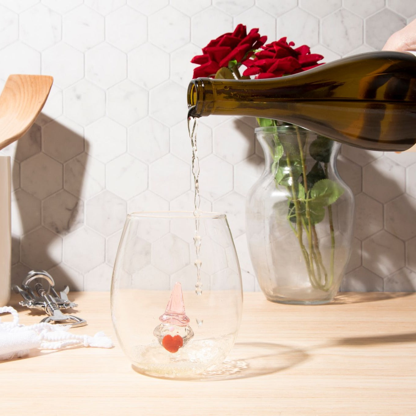 3D Gnome Heart Stemless Wine Glasses Jersey Art Glass