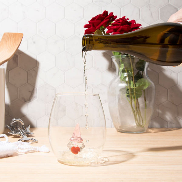 3D Gnome Heart Stemless Wine Glasses Jersey Art Glass