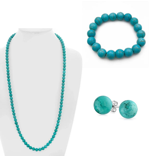Donatello Gian Turquoise Jewelry Bundle: 30 Inch Turquoise Necklace, Turquoise Ball Stretch Bracelet, Turquoise Ball Stud Earrings - Gifts for You 'n Me