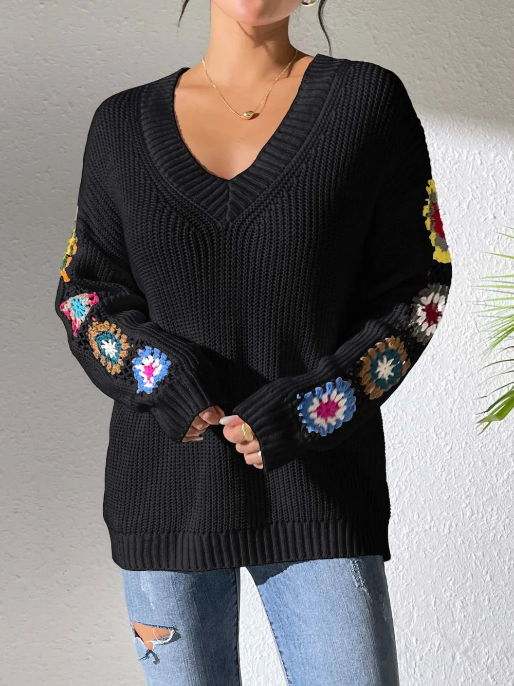 Randomly mixed color hand hook flower splicing V-neck pullover sweater