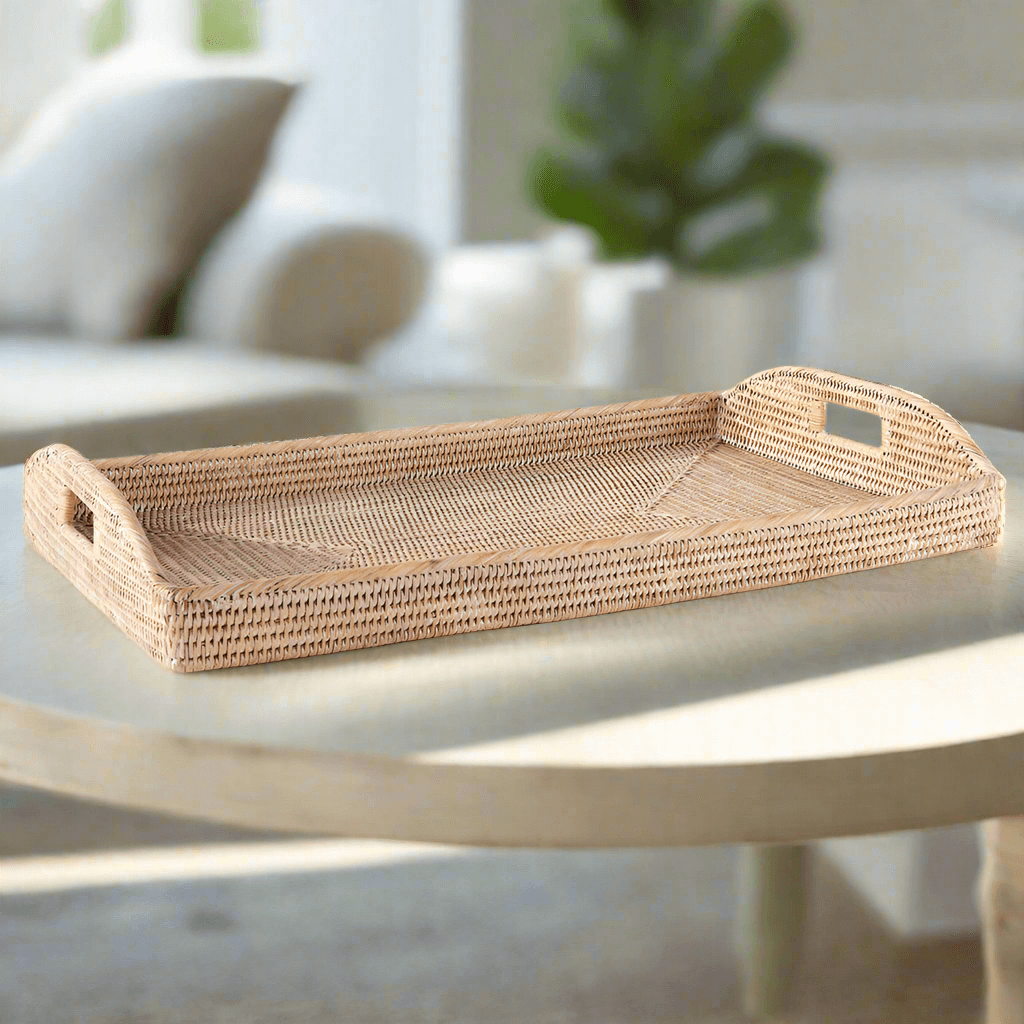 Rattan Serving Tray with Handles in Whitewash or Brown