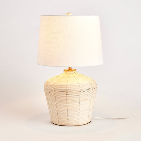 Rattan Table Lamp with Curved Base and White Shade