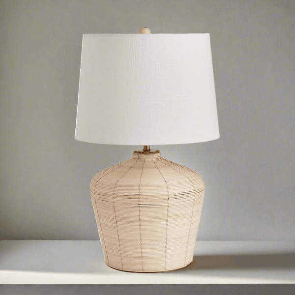 Rattan Table Lamp with Curved Base and White Shade