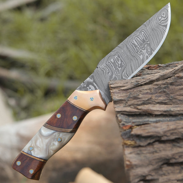 Reaper Damascus Hunting Knife with Mother of Pearl, Exotic Rose Wood and Copper Handle
