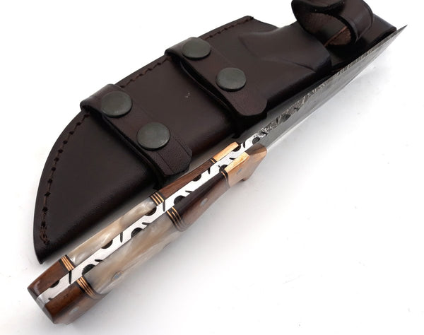 Reaper Damascus Hunting Knife with Mother of Pearl, Exotic Rose Wood and Copper Handle
