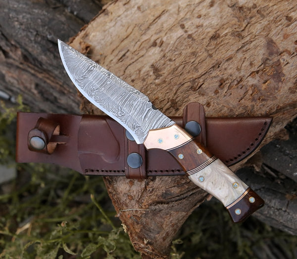 Reaper Damascus Hunting Knife with Mother of Pearl, Exotic Rose Wood and Copper Handle
